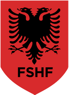 Scudo rosso con aquila bicipite nera e rami incrociati con lettere fshf in nero nella collezione albania