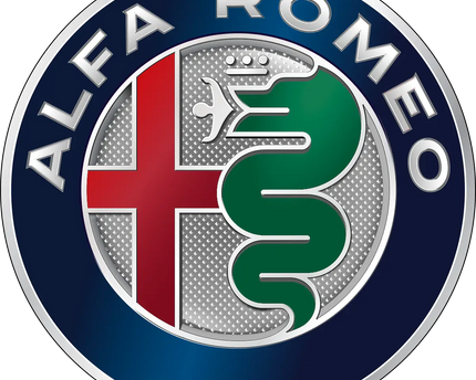 Emblema alfa romeo con serpente verde coronato e croce rossa su sfondo in rete argento con scritta alfa romeo su anello blu