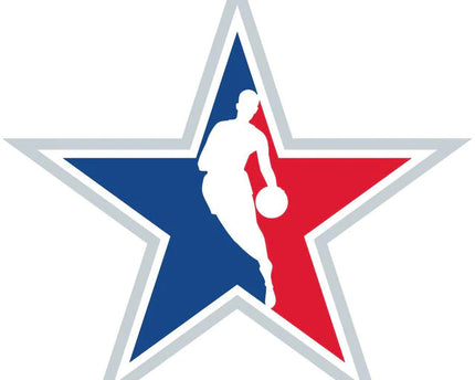 Logo ufficiale nba con silhouette bianca di giocatore di basket che dribbla in stella blu e rossa per all-star