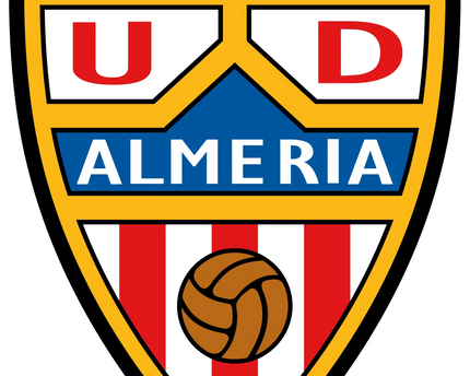 Lo stemma ufficiale di ud almería con strisce rosse e bianche, pallone marrone centrale e scritta su banda blu