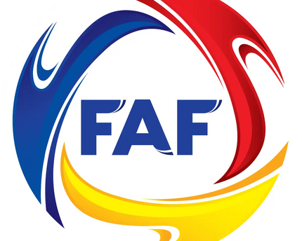 Logo circolare con lettere blu faf su sfondo bianco e motivi rosso blu giallo nella collezione andorra