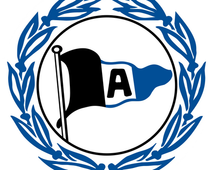 Emblema circolare blu e nero con bandiera e lettera a circondata da corona di alloro in collezione arminia bielefeld