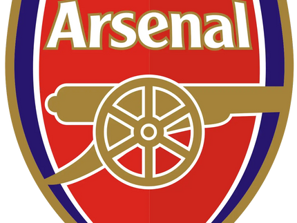 Cresta del club di calcio arsenal rossa e oro con cannone centrato su scudo a strisce verticali blu in collezione arsenal