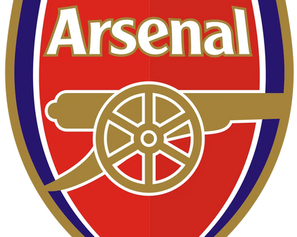 Cresta del club di calcio arsenal rossa e oro con cannone centrato su scudo a strisce verticali blu in collezione arsenal