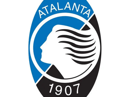 L’emblema ufficiale di atalanta bc con silhouette bianca e capelli neri su sfondo ovale blu e nero in collezione atalanta.