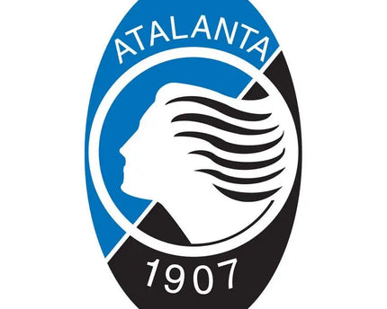 L’emblema ufficiale di atalanta bc con silhouette bianca e capelli neri su sfondo ovale blu e nero in collezione atalanta.