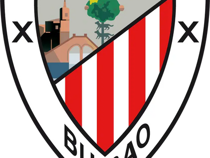 Il crest ufficiale dell athletic club bilbao con scudo a strisce rosse e bianche e paesaggio urbano a sinistra.