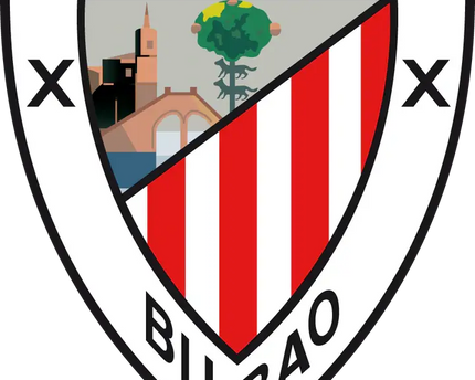 Il crest ufficiale dell athletic club bilbao con scudo a strisce rosse e bianche e paesaggio urbano a sinistra.