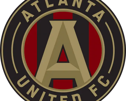 Logo di atlanta united fc con una a dorata su strisce rosse e nere in un emblema circolare con nome della squadra