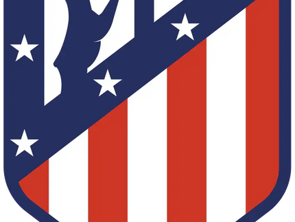 L’emblema atletico madrid con scudo a strisce rosse e bianche stelle bianche su campo blu e figura stilizzata bianca con spada
