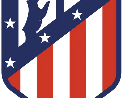L’emblema atletico madrid con scudo a strisce rosse e bianche stelle bianche su campo blu e figura stilizzata bianca con spada