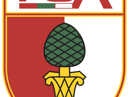 Emblema fca con scudo rosso e bianco e pigna verde su base dorata nella collezione augsburg
