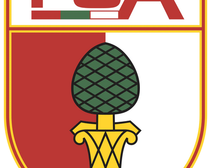 Emblema fca con scudo rosso e bianco e pigna verde su base dorata nella collezione augsburg