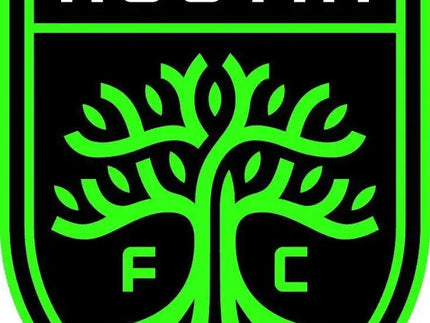 Emblema austin fc verde brillante con testo bianco su sfondo scudo nero nella collezione austin fc