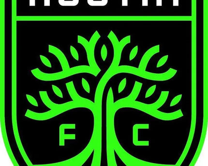Emblema austin fc verde brillante con testo bianco su sfondo scudo nero nella collezione austin fc