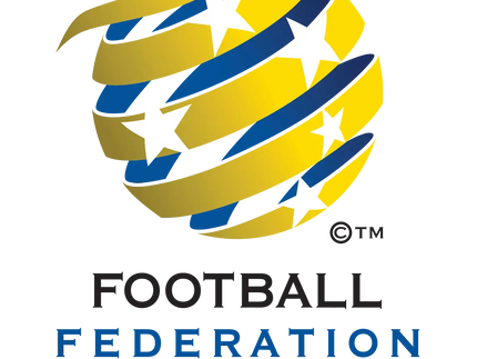 Il logo della federazione di calcio australiana presenta un globo stilizzato con nastri gialli e blu intrecciati e stelle bianche.