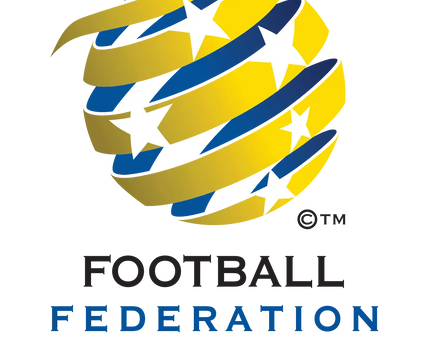 Il logo della federazione di calcio australiana presenta un globo stilizzato con nastri gialli e blu intrecciati e stelle bianche.