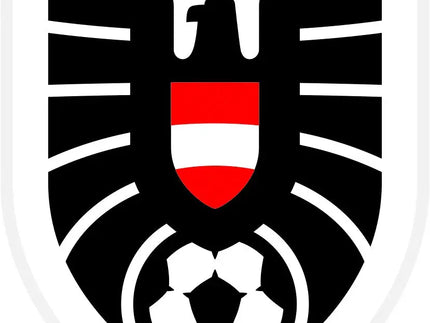 Emblema austria con scudo bianco e nero, aquila, strisce rosse e bianche e pallone da calcio alla base