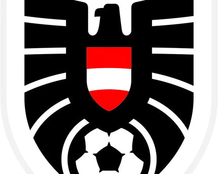 Emblema austria con scudo bianco e nero, aquila, strisce rosse e bianche e pallone da calcio alla base