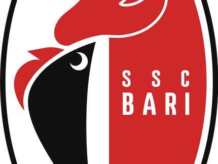 Il logo presenta una testa di gallo stilizzata in nero e rosso con una fascia rossa verticale con ssc bari in bianco