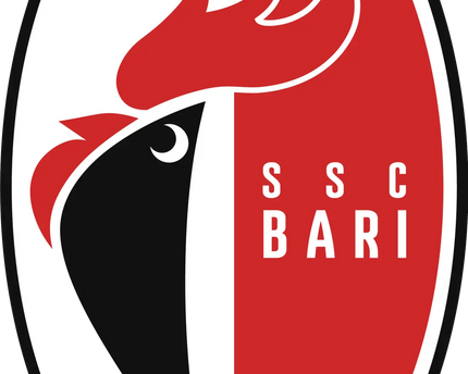 Il logo presenta una testa di gallo stilizzata in nero e rosso con una fascia rossa verticale con ssc bari in bianco