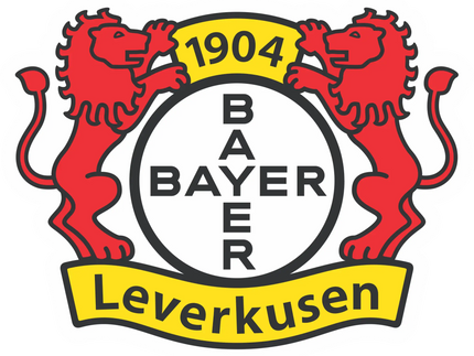L’emblema del bayer leverkusen con due leoni rossi, cerchio bianco con scritta nera bayer e strisce gialle con 1904 e leverkusen