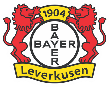 L’emblema del bayer leverkusen con due leoni rossi, cerchio bianco con scritta nera bayer e strisce gialle con 1904 e leverkusen