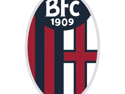 L’emblema ufficiale del bfc 1909 con strisce verticali rosse e blu navy e una croce bianca a destra nella collezione bologna