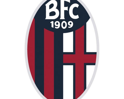 L’emblema ufficiale del bfc 1909 con strisce verticali rosse e blu navy e una croce bianca a destra nella collezione bologna