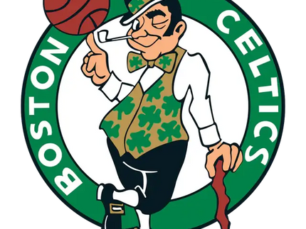Il logo dei Boston Celtics mostra un folletto in abiti verdi e marroni con motivo di trifoglio che tiene una palla da basket.