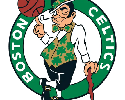 Il logo dei Boston Celtics mostra un folletto in abiti verdi e marroni con motivo di trifoglio che tiene una palla da basket.