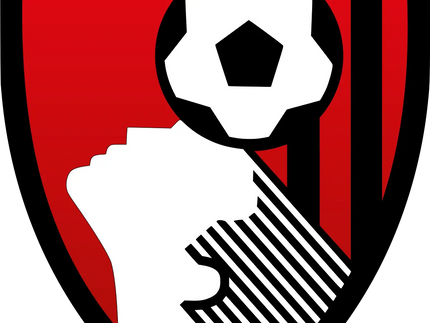 Lo stemma del afc bournemouth presenta uno scudo rosso con strisce nere e un pugno bianco che stringe un pallone da calcio classico.