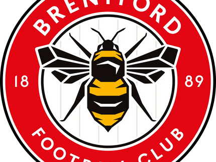 Crest del brentford football club con ape stilizzata nero e gialla su sfondo bianco e bordo rosso