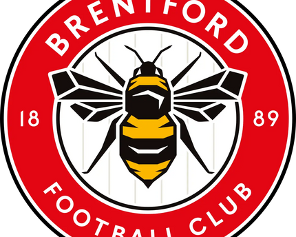 Crest del brentford football club con ape stilizzata nero e gialla su sfondo bianco e bordo rosso