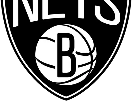 Logo a scudo bianco e nero dei Brooklyn Nets con la scritta nets sopra un pallone da basket e una b in grassetto.