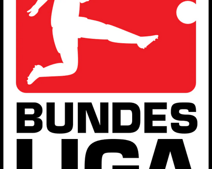 Logo bundesliga retro rosso e bianco con silhouette stilizzata di giocatore di calcio che calcia il pallone