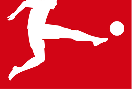 Sagoma bianca di un calciatore che calcia un pallone su sfondo rosso nella collezione bundesliga