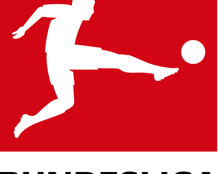 Sagoma bianca di un calciatore che calcia un pallone su sfondo rosso nella collezione bundesliga