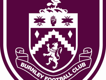 Lo stemma ufficiale del burnley football club con scudo araldico bianco, leone rampante su sfondo granata e uccello stilizzato.
