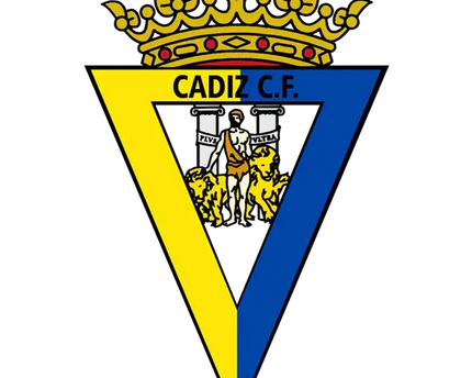 Il crest ufficiale del cádiz cf con corona dorata su scudo giallo e blu a V e figura classica tra due colonne.