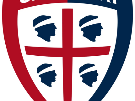Lo stemma ufficiale di cagliari con scudo diviso in rosso e blu e quattro teste blu intorno a una croce rossa su sfondo bianco