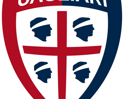Lo stemma ufficiale di cagliari con scudo diviso in rosso e blu e quattro teste blu intorno a una croce rossa su sfondo bianco