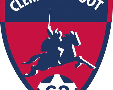 Emblema a forma di scudo rosso e blu navy con cavaliere a cavallo che impugna una spada sopra un pallone da calcio con il numero 63 etichettato clermont foot