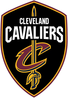 Logo dei cleveland cavaliers con c stilizzato in bordeaux e oro e spada su sfondo scudo nero in collezione cleveland cavaliers