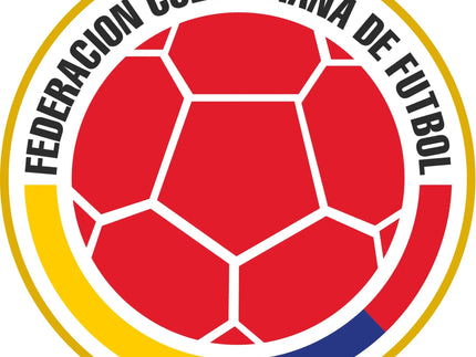 Emblema con pallone da calcio rosso con cuciture bianche e bordo giallo e blu della federacion colombiana de futbol