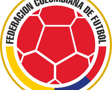 Emblema con pallone da calcio rosso con cuciture bianche e bordo giallo e blu della federacion colombiana de futbol