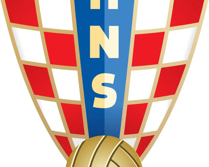 Emblema della nazionale croata di pallavolo con scudo a scacchi rossi e bianchi e pallone dorato, collezione croazia.