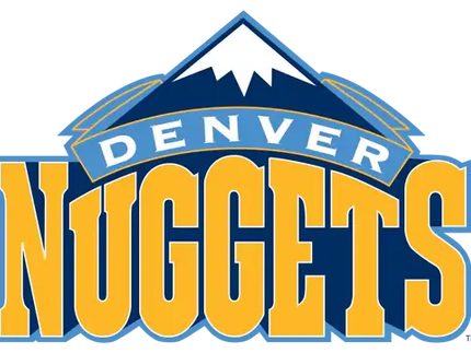 Logo denver nuggets con lettering giallo e contorno blu e montagna stilizzata bianca su sfondo blu scuro