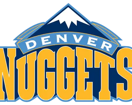 Logo denver nuggets con lettering giallo e contorno blu e montagna stilizzata bianca su sfondo blu scuro