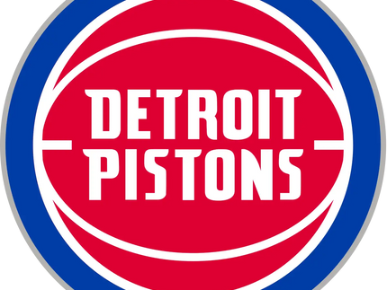 Logo detroit pistons con lettering bianco su pallone da basket rosso cerchiato di blu e contornato dargento